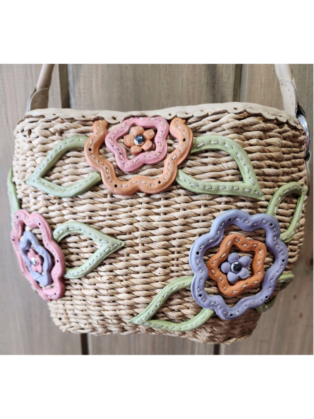 Y2K Brighton Woven Straw & Leather Flowers Boho Bucket Bag, EUC - Picture 16 of 16